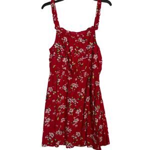 Abound Red Floral Dress Thin Straps Ruffle Edge Elastic Waist Size Medium